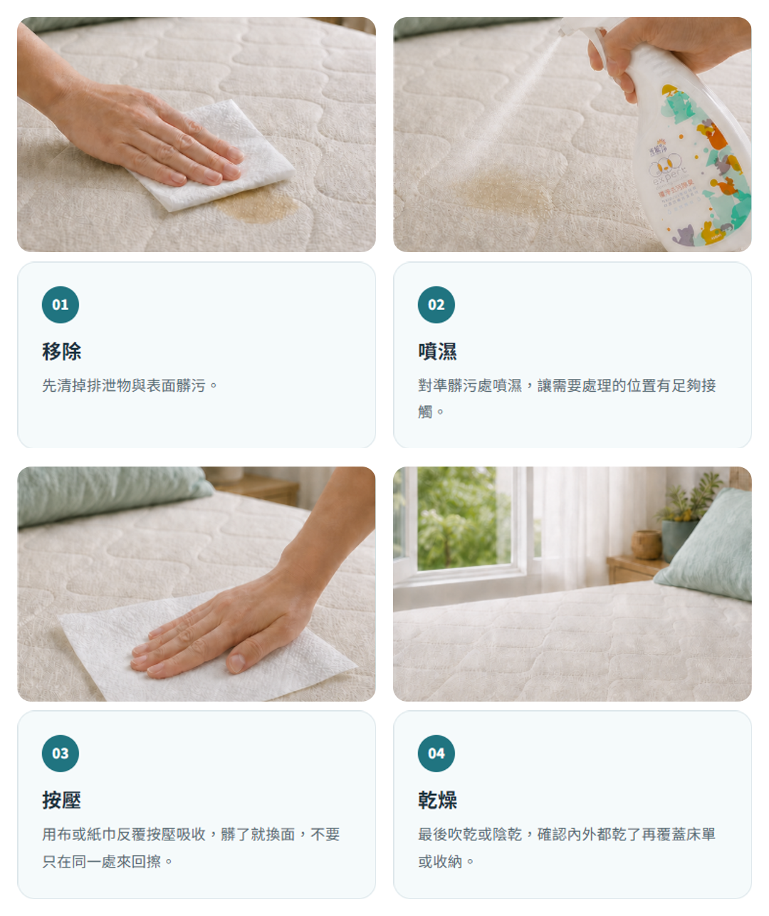 尿漬清潔四步驟圖解:移除、噴濕、按壓、乾燥